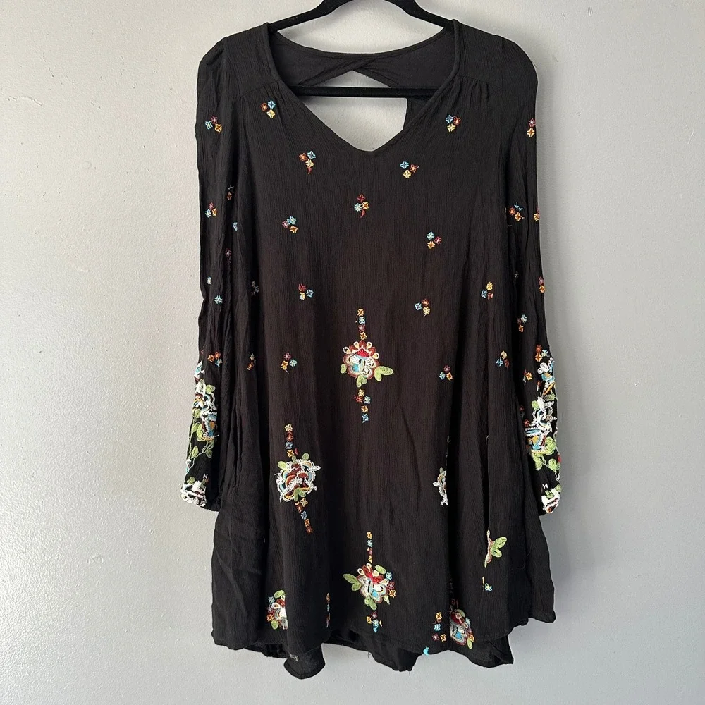 Free People Oxford Floral‎ Embroidered Boho Dress | Black + Floral